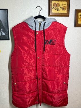 Red Quilted Hooded Vest with Grey Hood